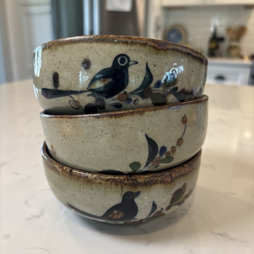 VTG Tonala Pottery Mexico Small Bowls Bird Flowers Blue Copper Handpainted Set 3